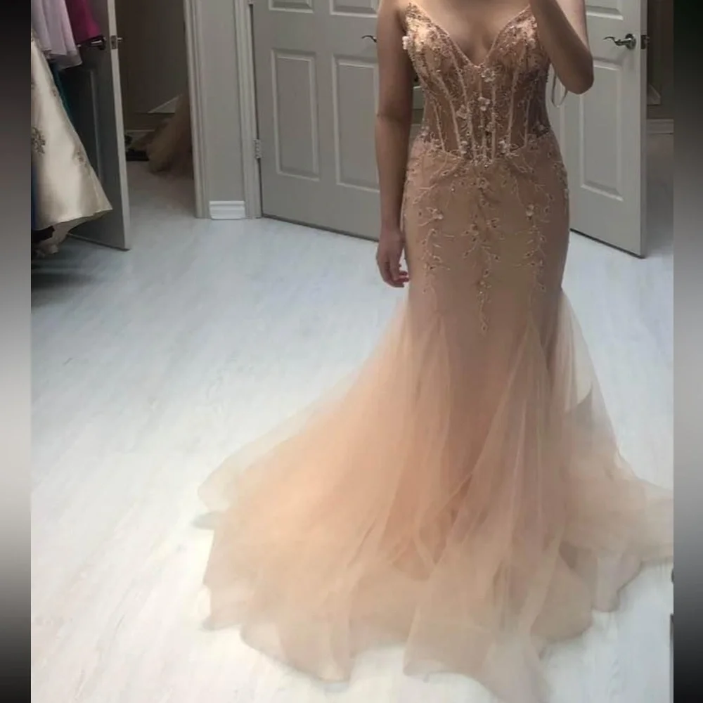 Jovani Blush Pink Mermaid Corset Fitted Prom Dress With Flowers Size 4 (Small) - Picture 2 of 8